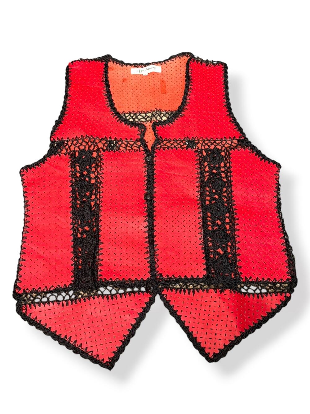 Vintage Red Perforated Leather Vest Black Crochet Trim Boho Festival Western